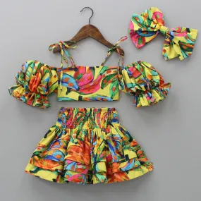 Multicolour Smocked Back Top With Elasticated Skirt And Head Band