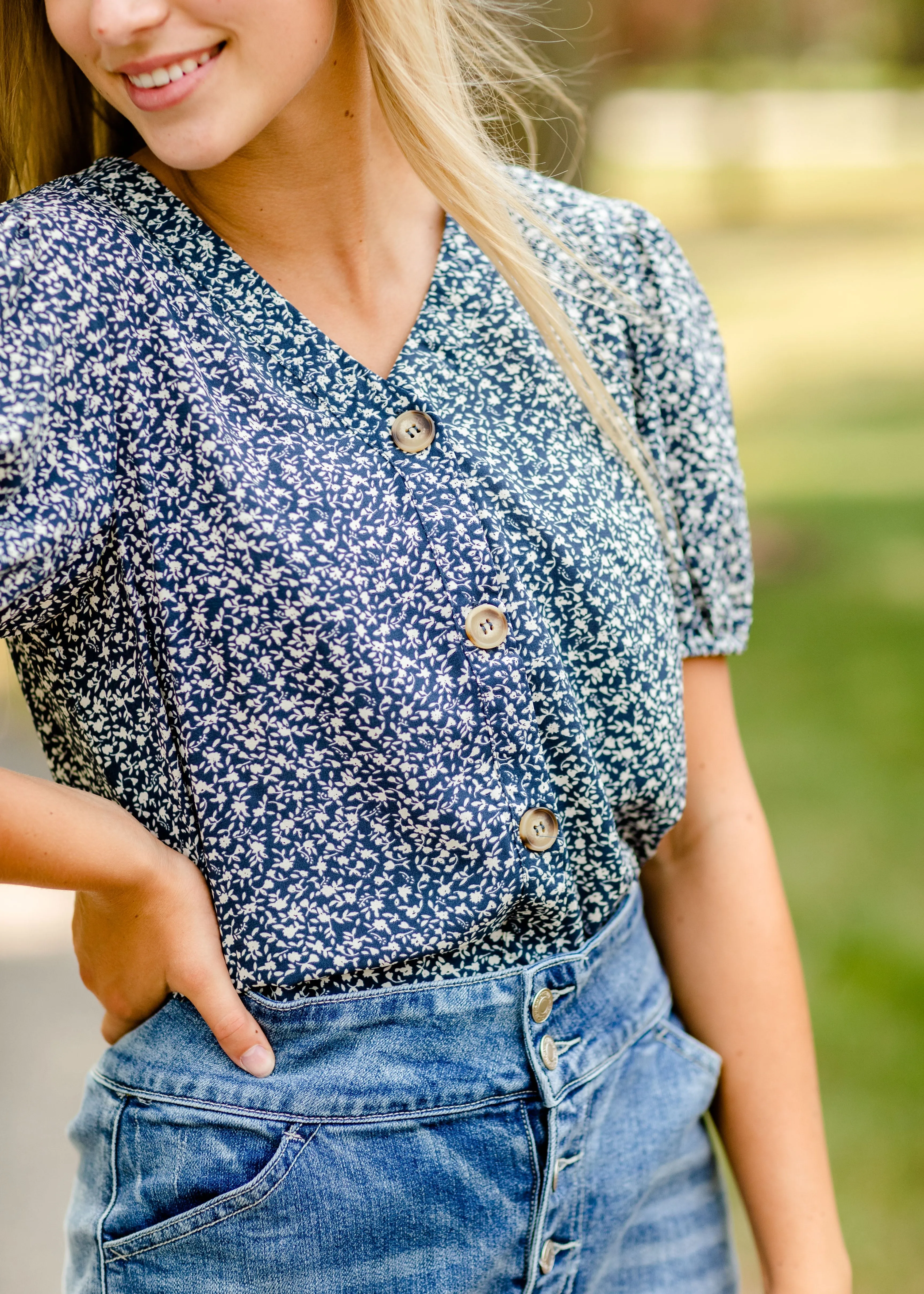 Navy Floral Button Top