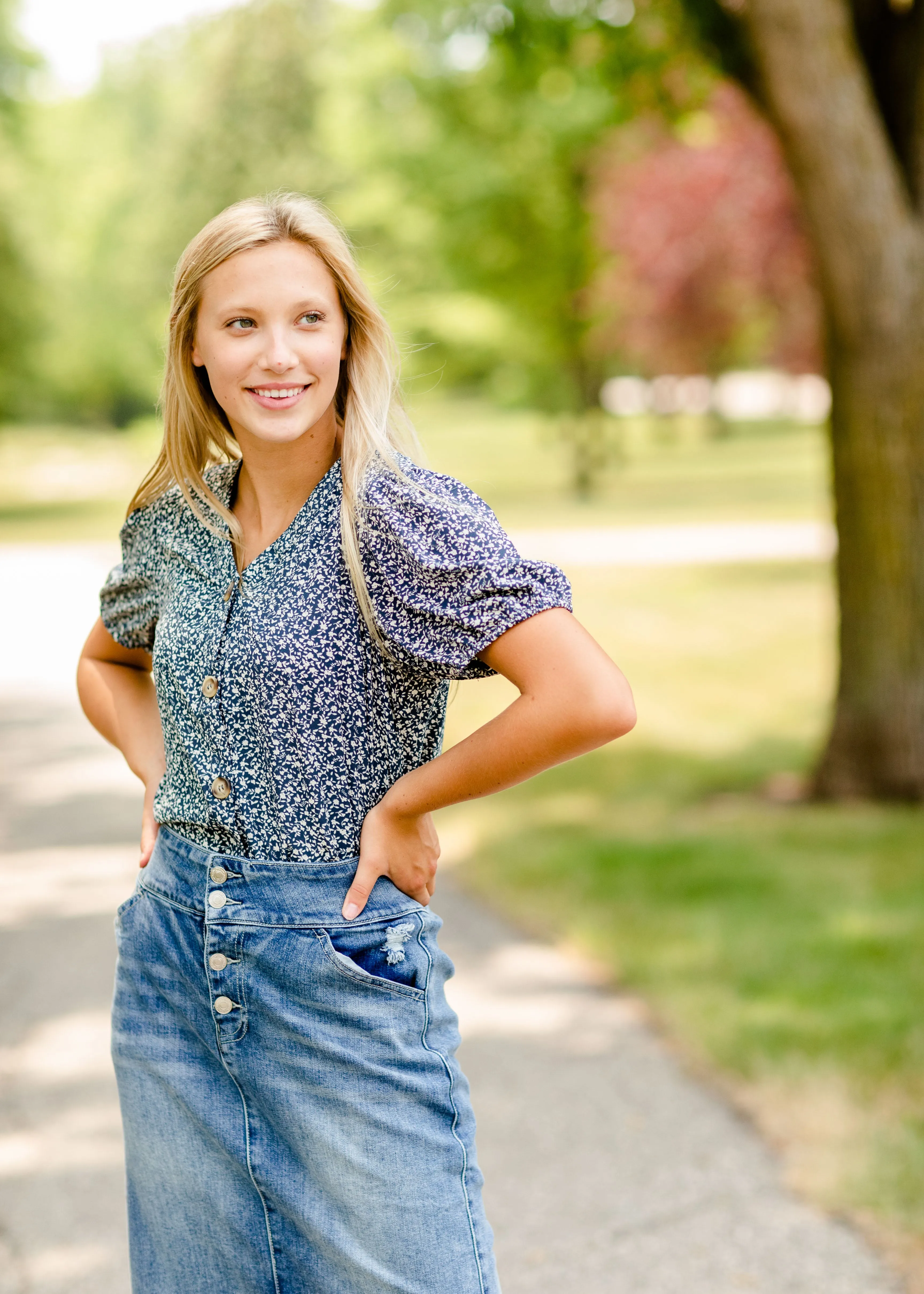 Navy Floral Button Top