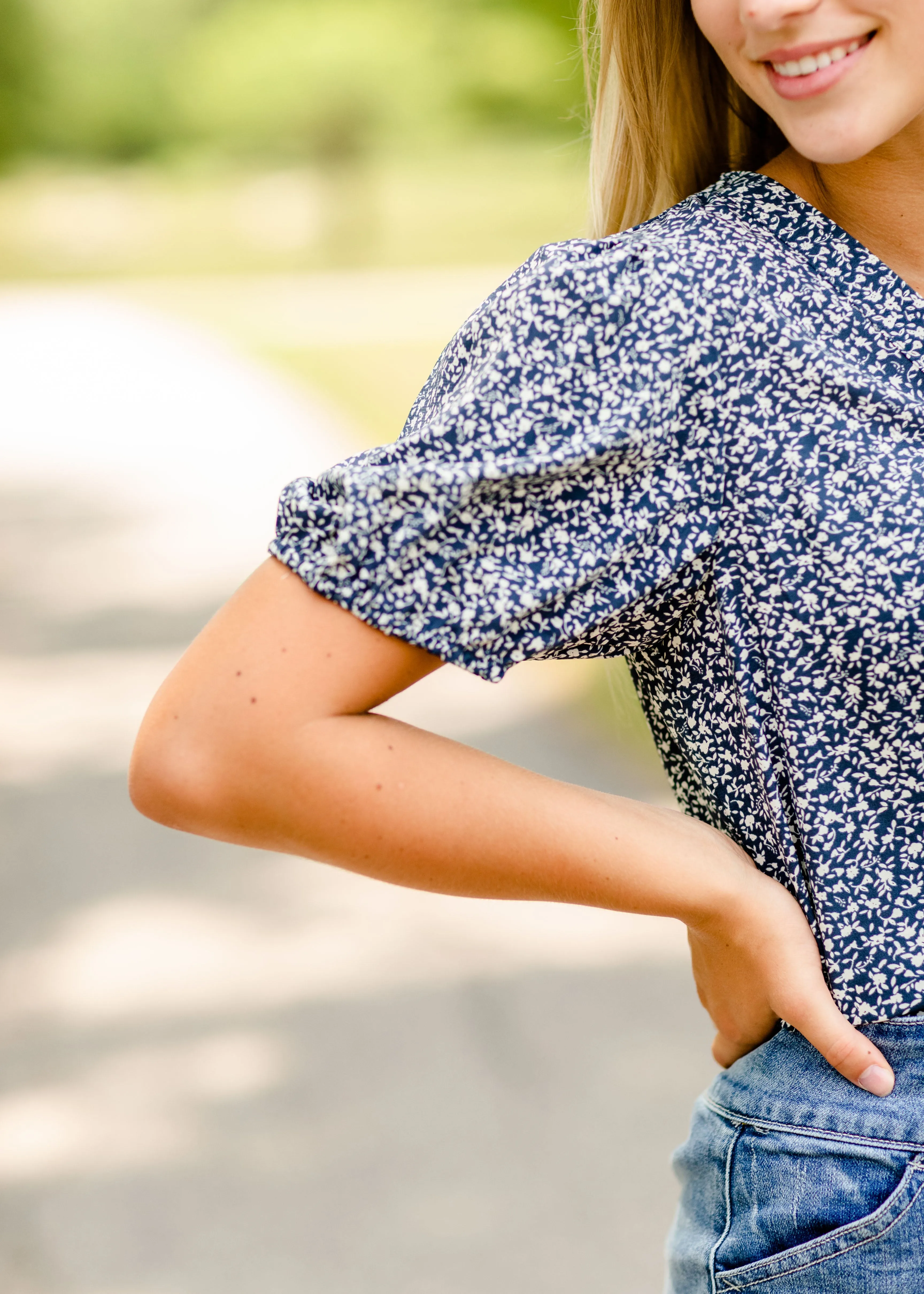 Navy Floral Button Top