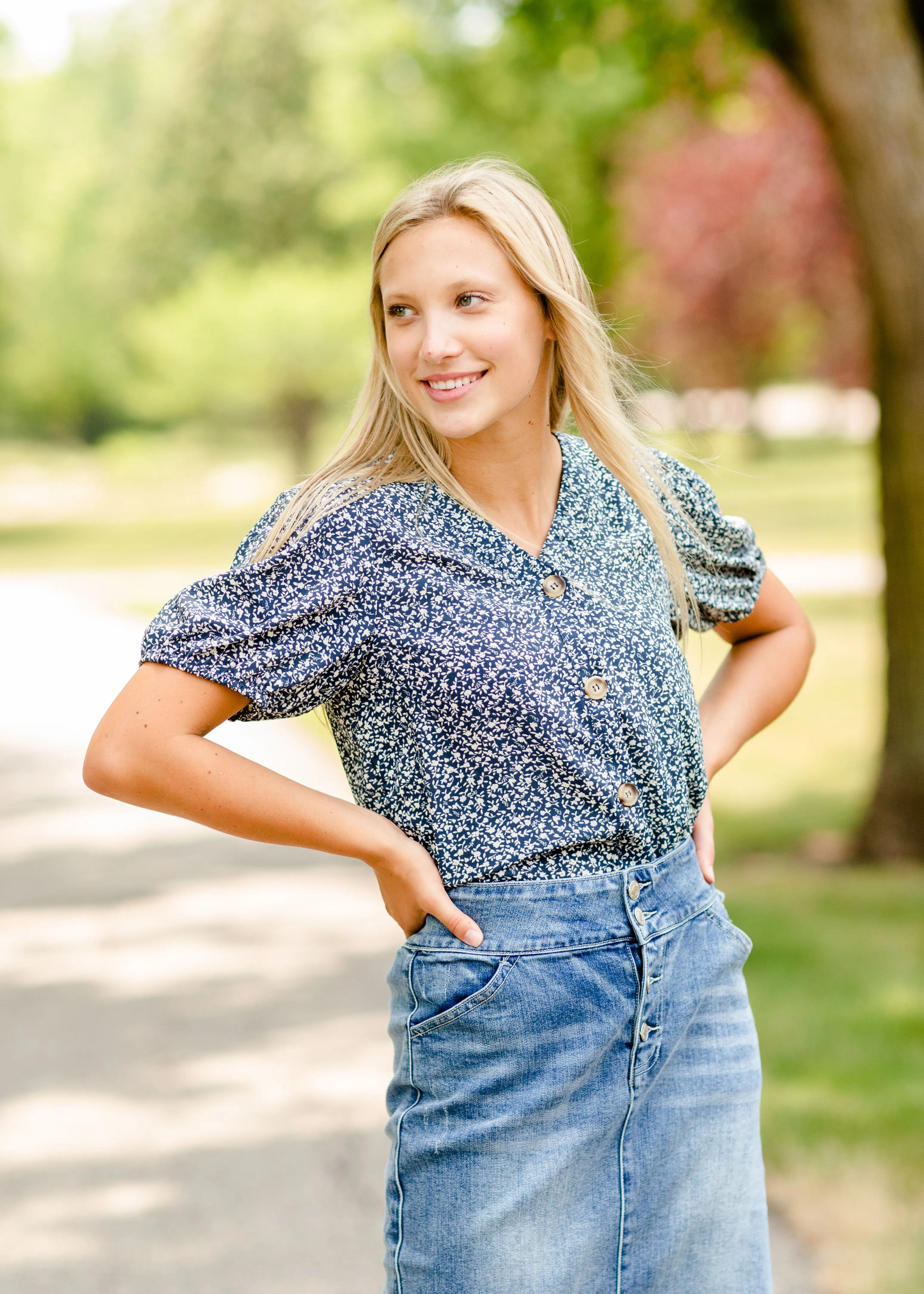 Navy Floral Button Top