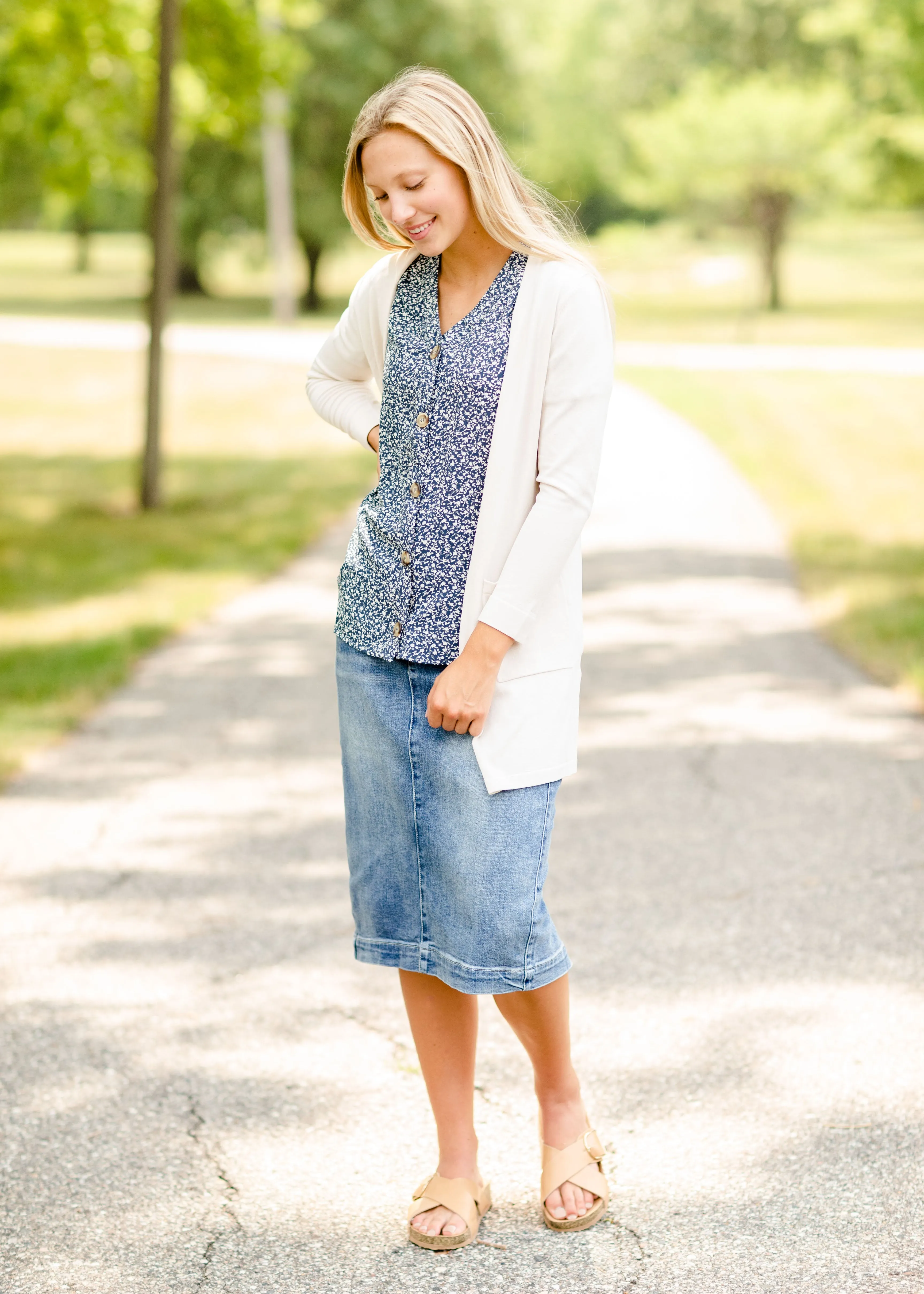 Navy Floral Button Top