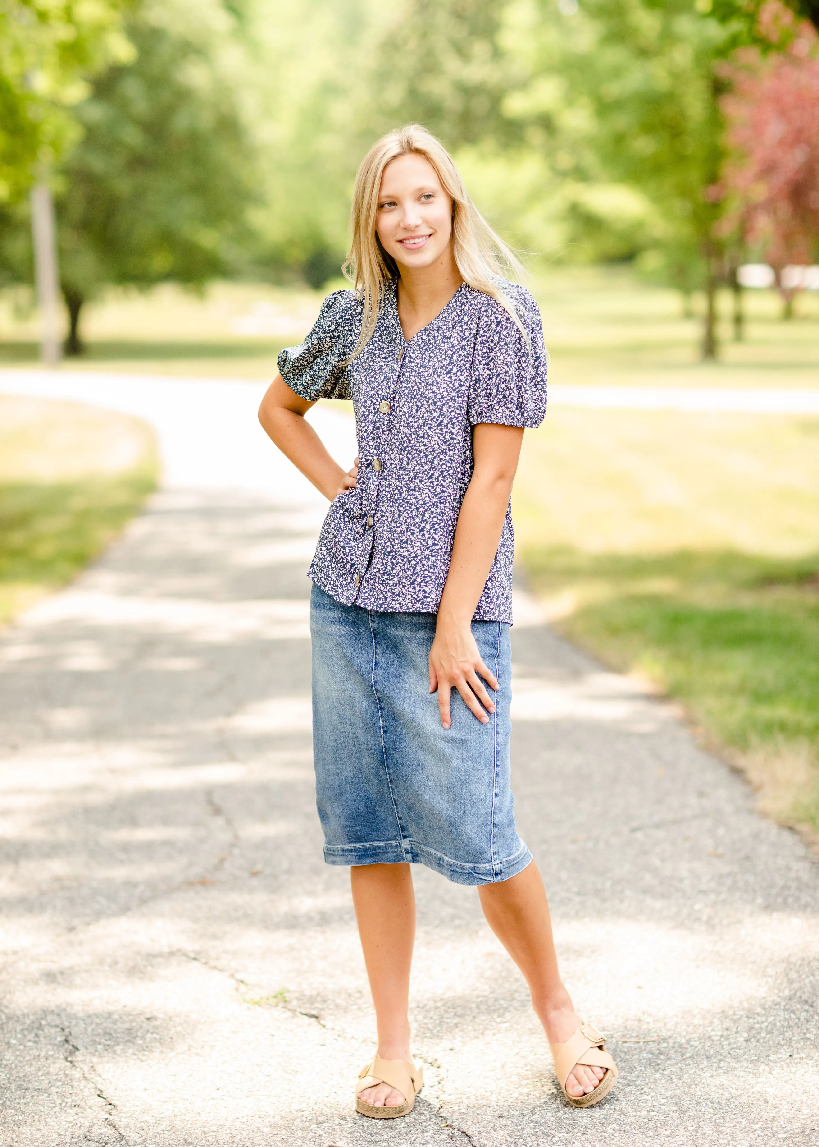 Navy Floral Button Top