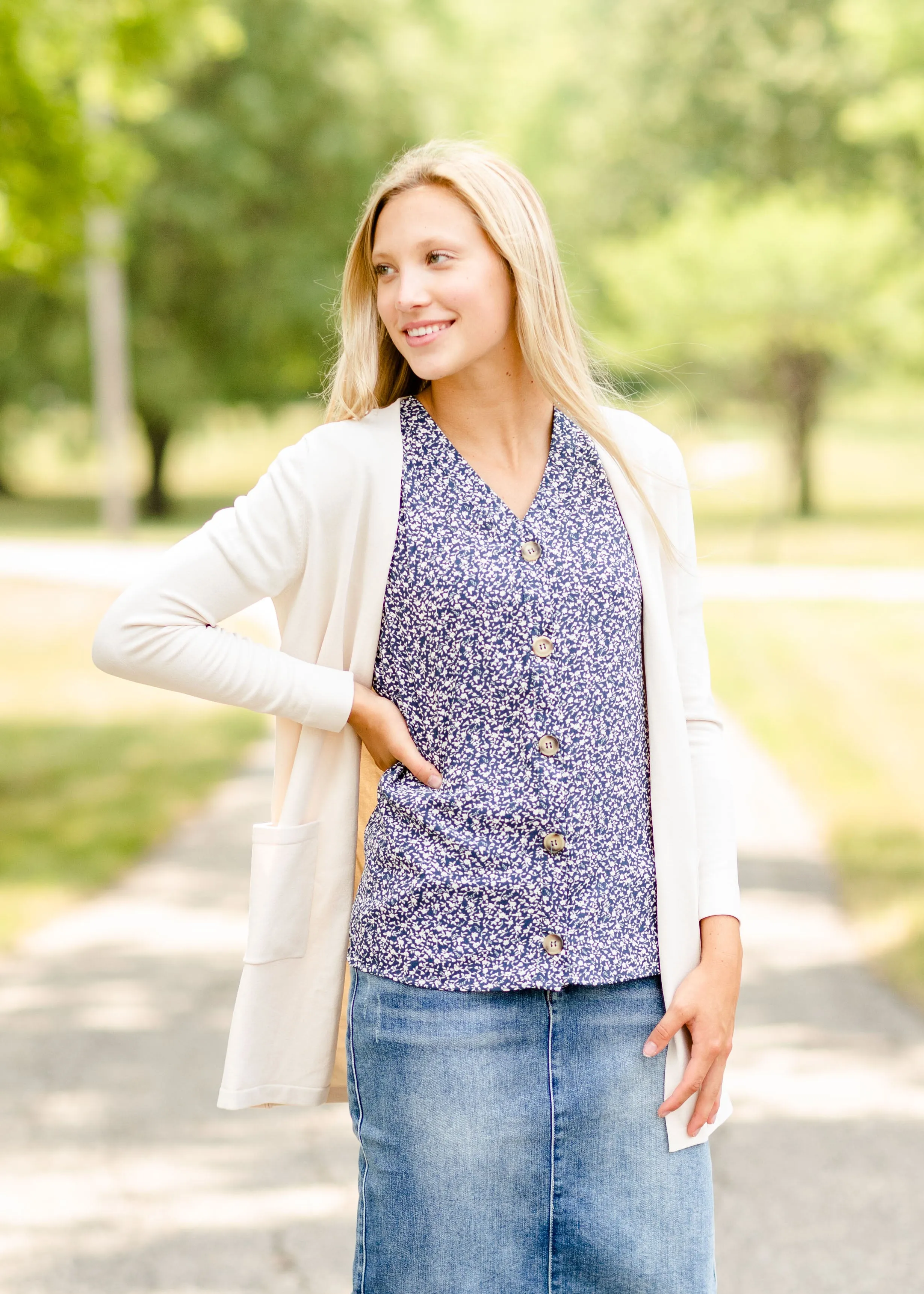 Navy Floral Button Top