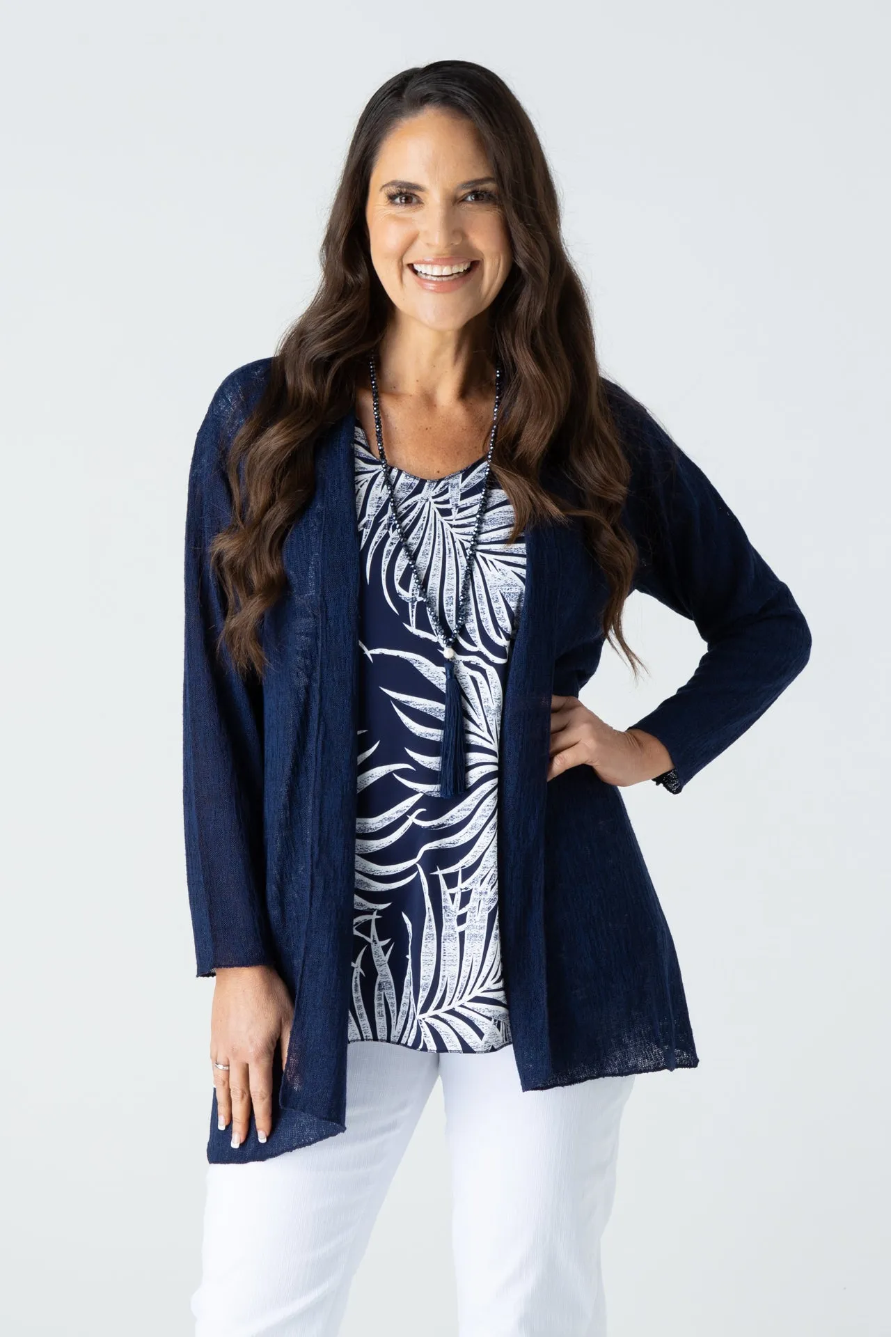 Navy Poly Rayon Long Sleeve Cardigan