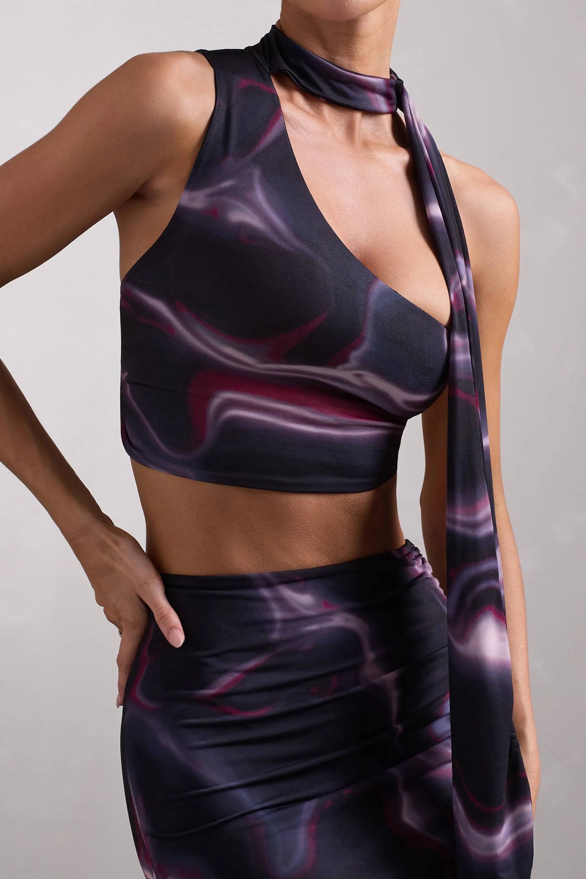 North Wind | Black Printed One-Shoulder Crop Top With Scarf