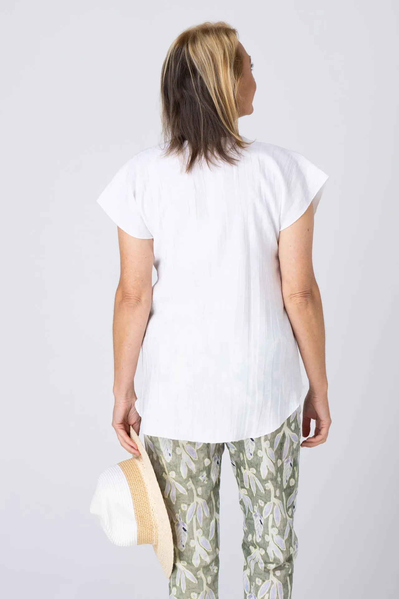 Off White Woven Bamboo Short Sleeve Top