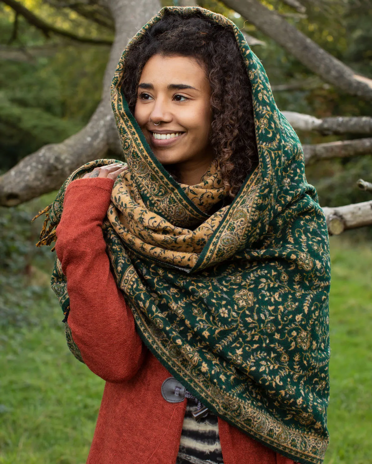 Paisley Leaves Shawl Scarf Green