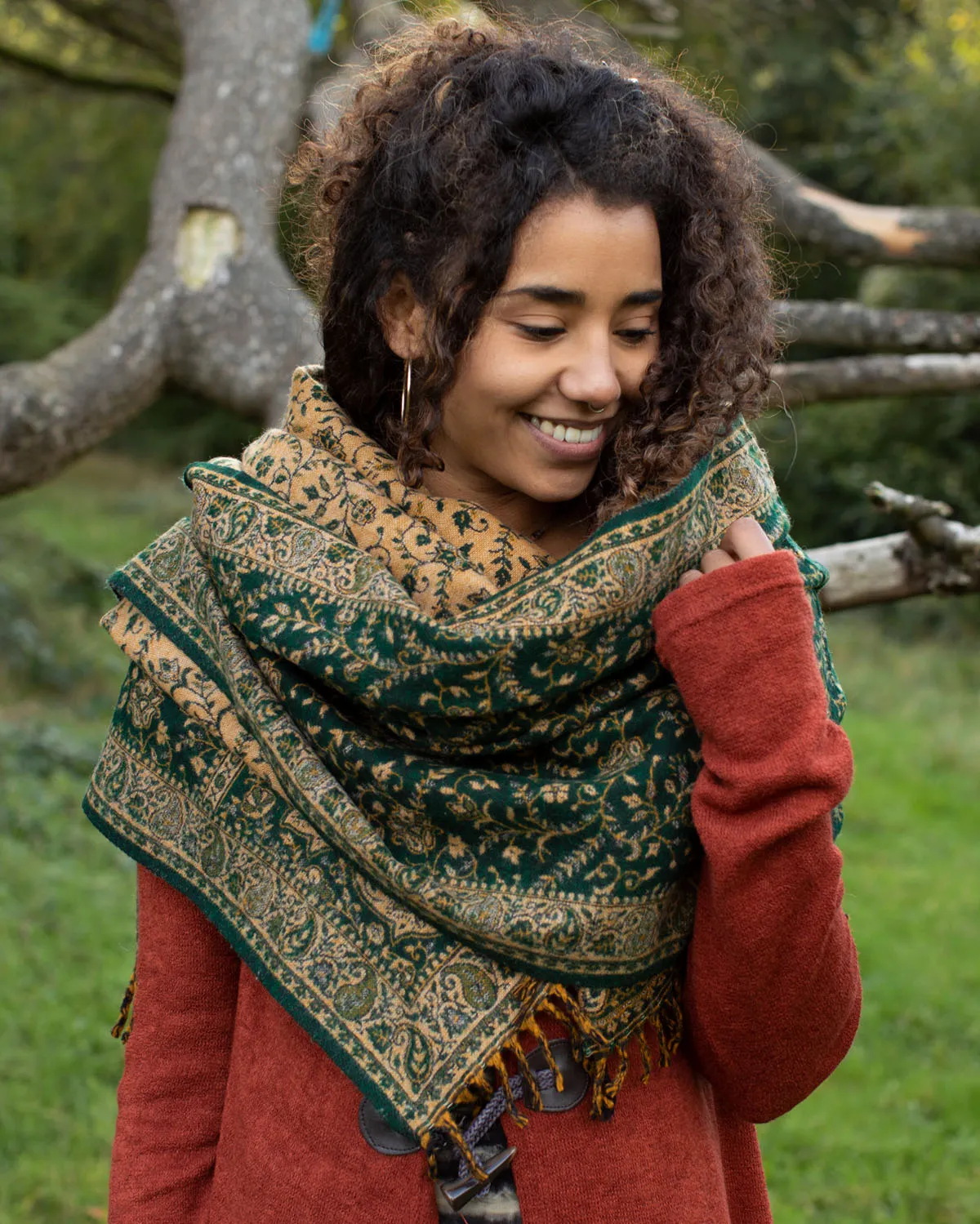 Paisley Leaves Shawl Scarf Green