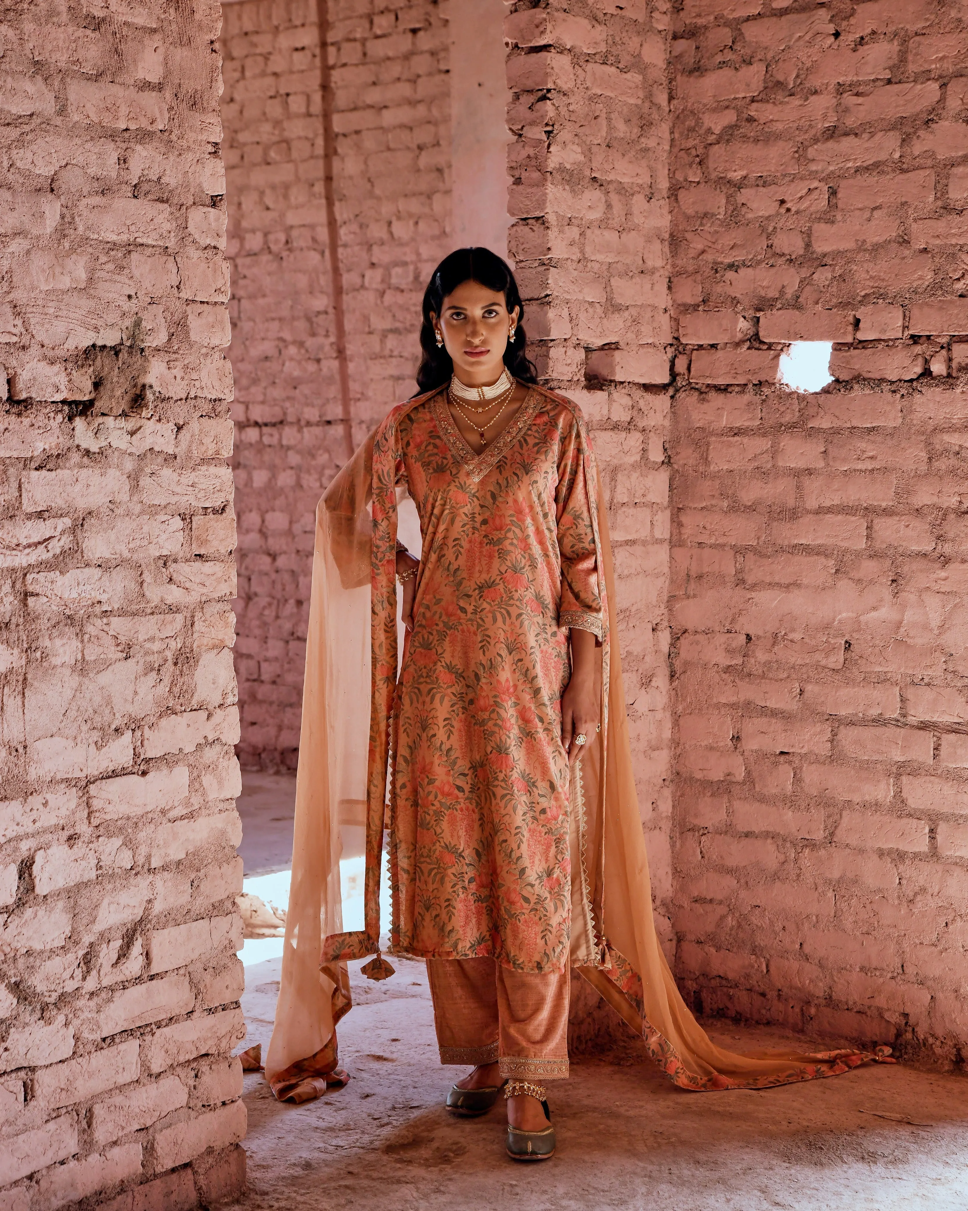 PEACH CLASSIC STRAIGHT MAKHMAL KURTA SET