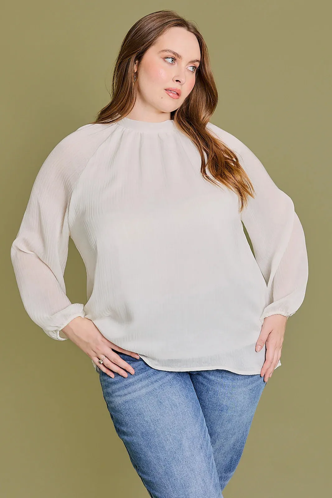 Plue Size Mock Neck Long Sleeve Sheer Blouse