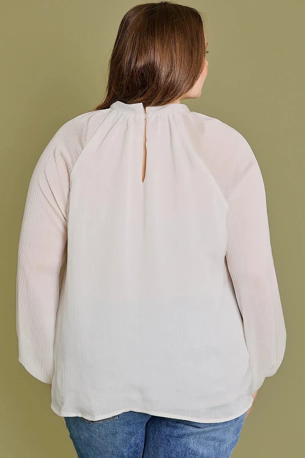 Plue Size Mock Neck Long Sleeve Sheer Blouse