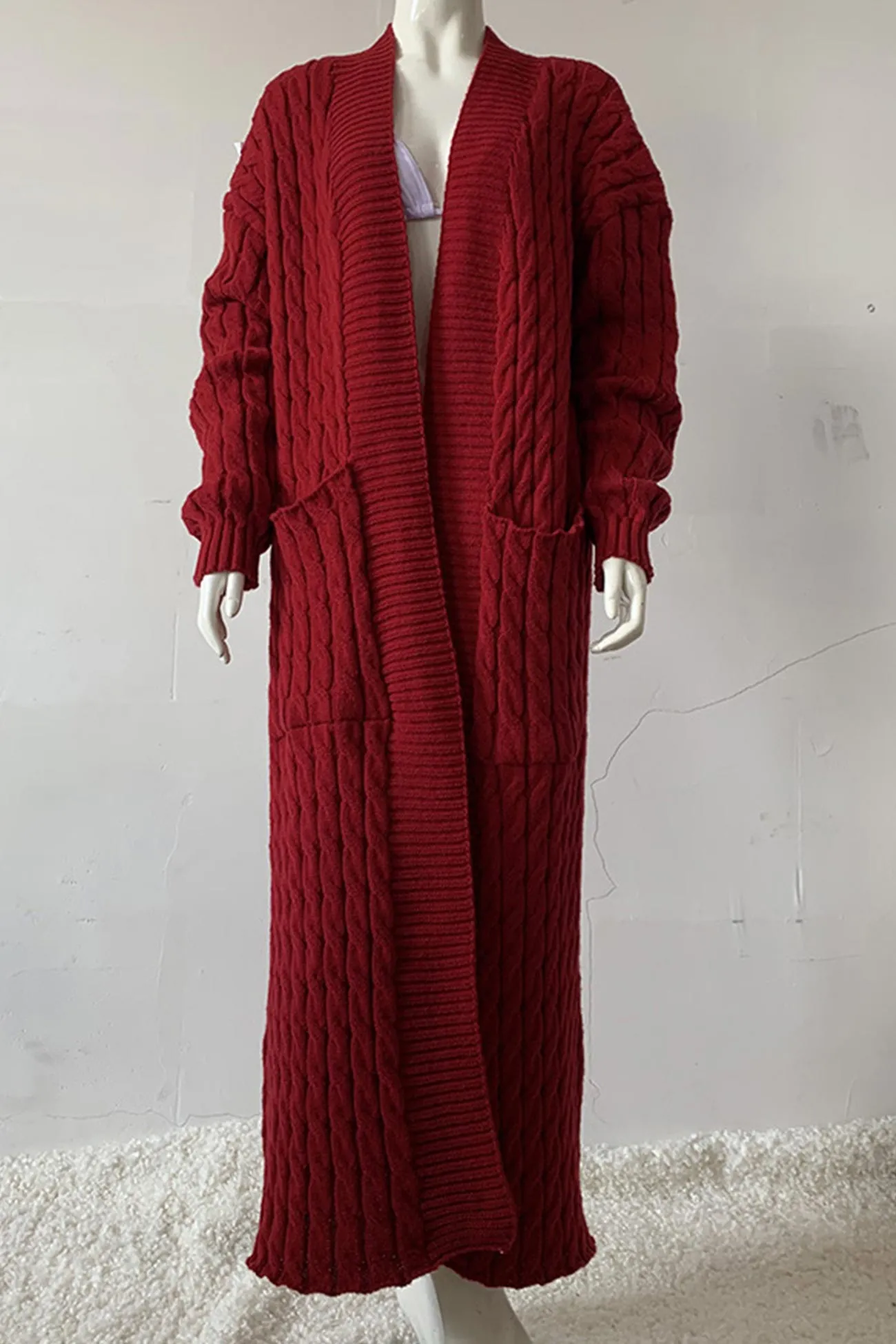 Pocketed Cable Knit Long Cardigan