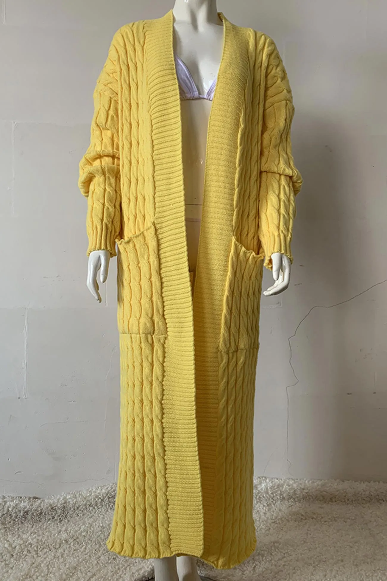 Pocketed Cable Knit Long Cardigan