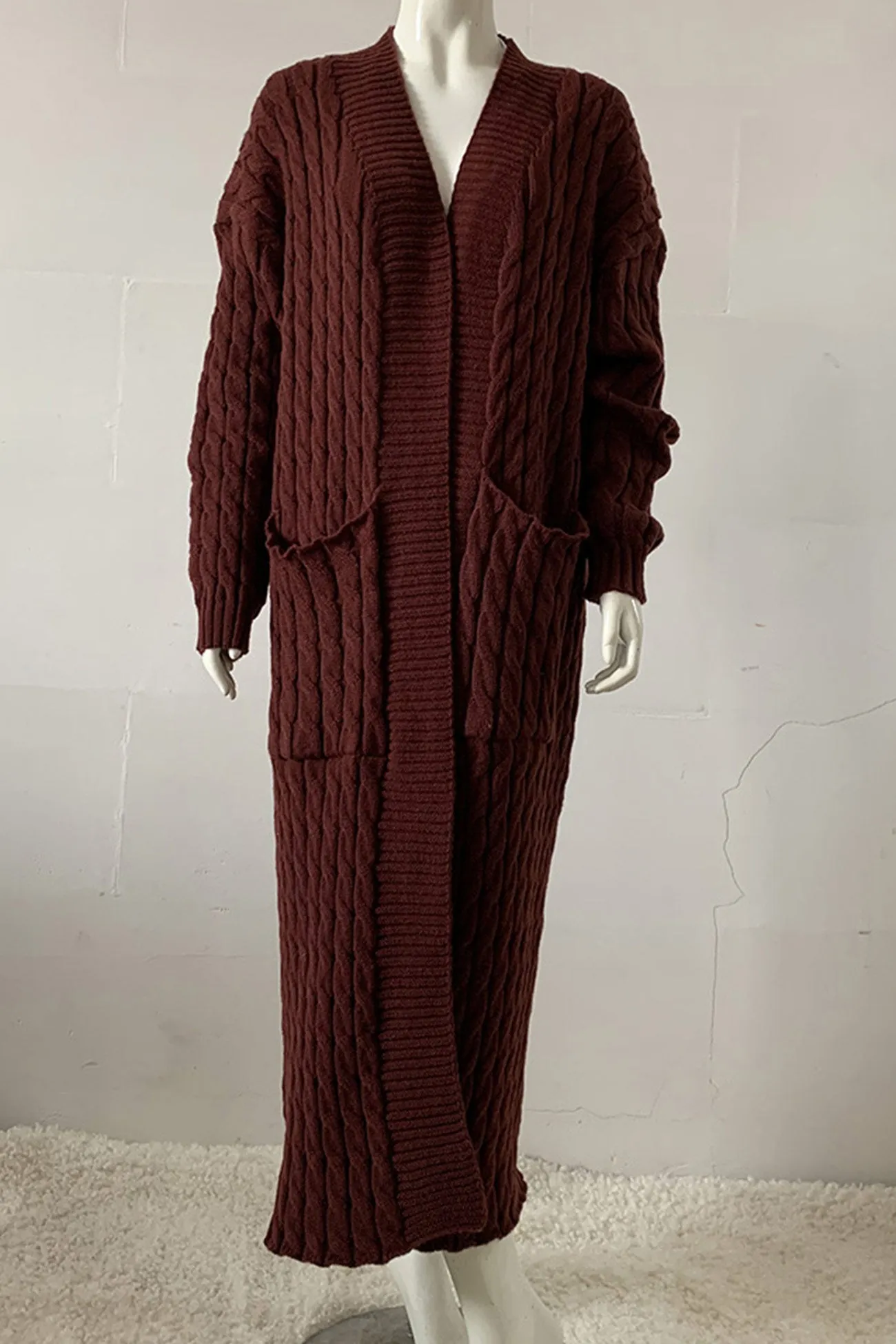 Pocketed Cable Knit Long Cardigan