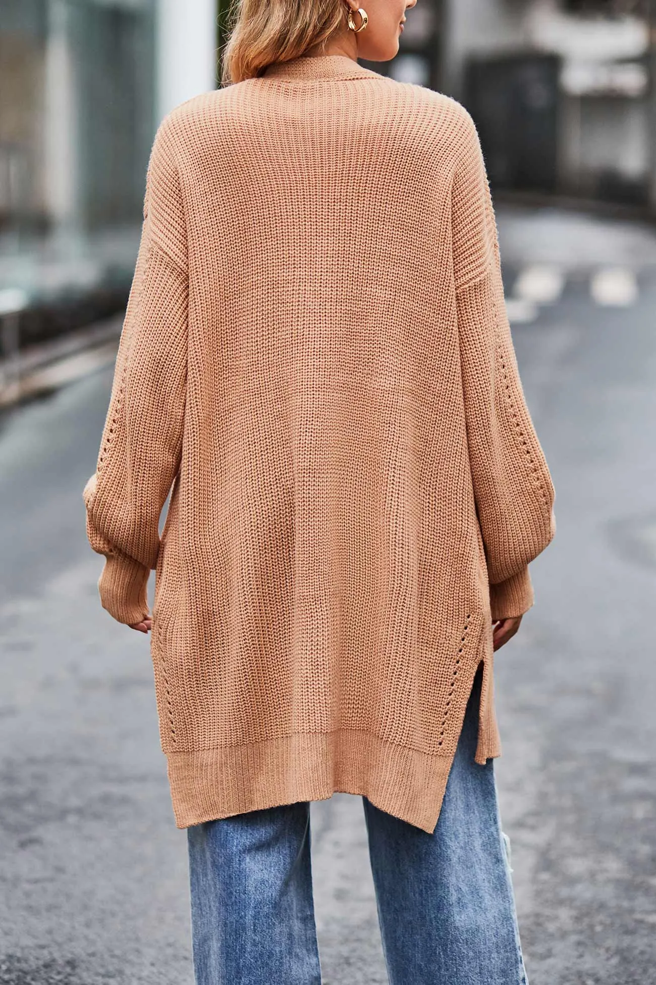 Pocketed Open Front Slit Hem Long Cardigan