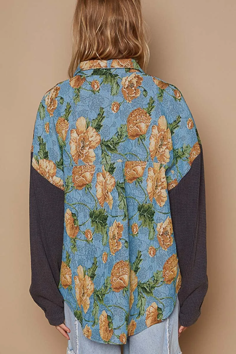 POL Button Down Floral Jacquard Shirt in Sky/Charcoal