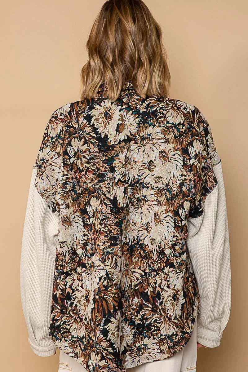 POL Button Down Floral Jacquard Shirt in Wood/Beige