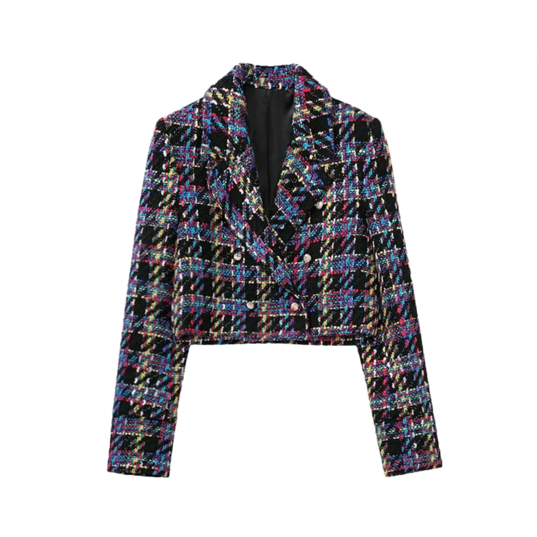 Pre Order:  Casual Plaid Long Sleeve Double Breasted Cropped Blazer