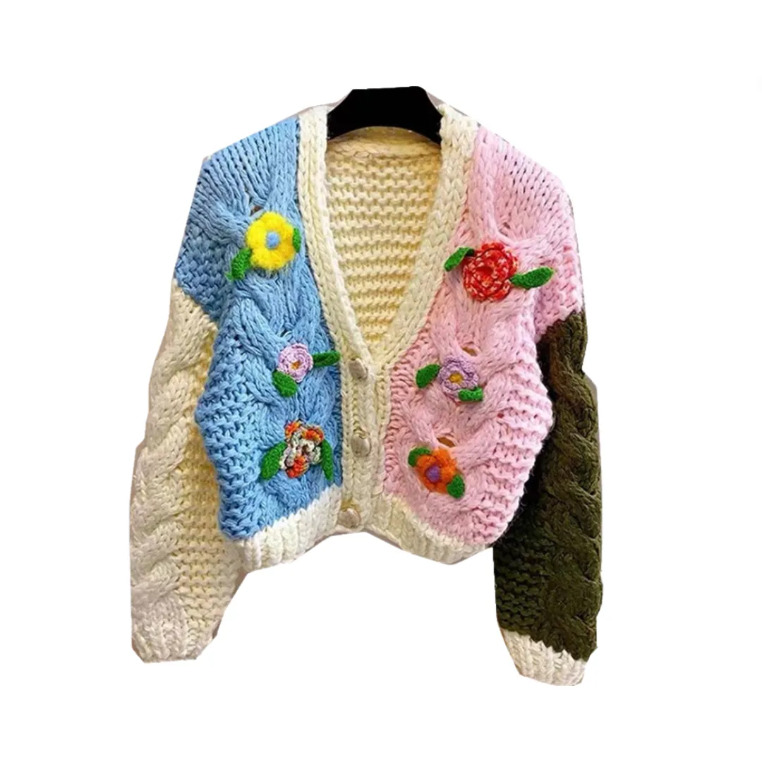 Pre Order:  Color Block Rod Needle Knitted 3D Hook Flower Cardigan