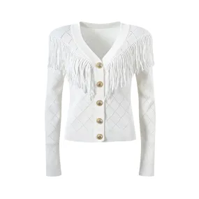 Pre Order:  Diamond Grid V-Neck Tassel Slim Fit Cardigan