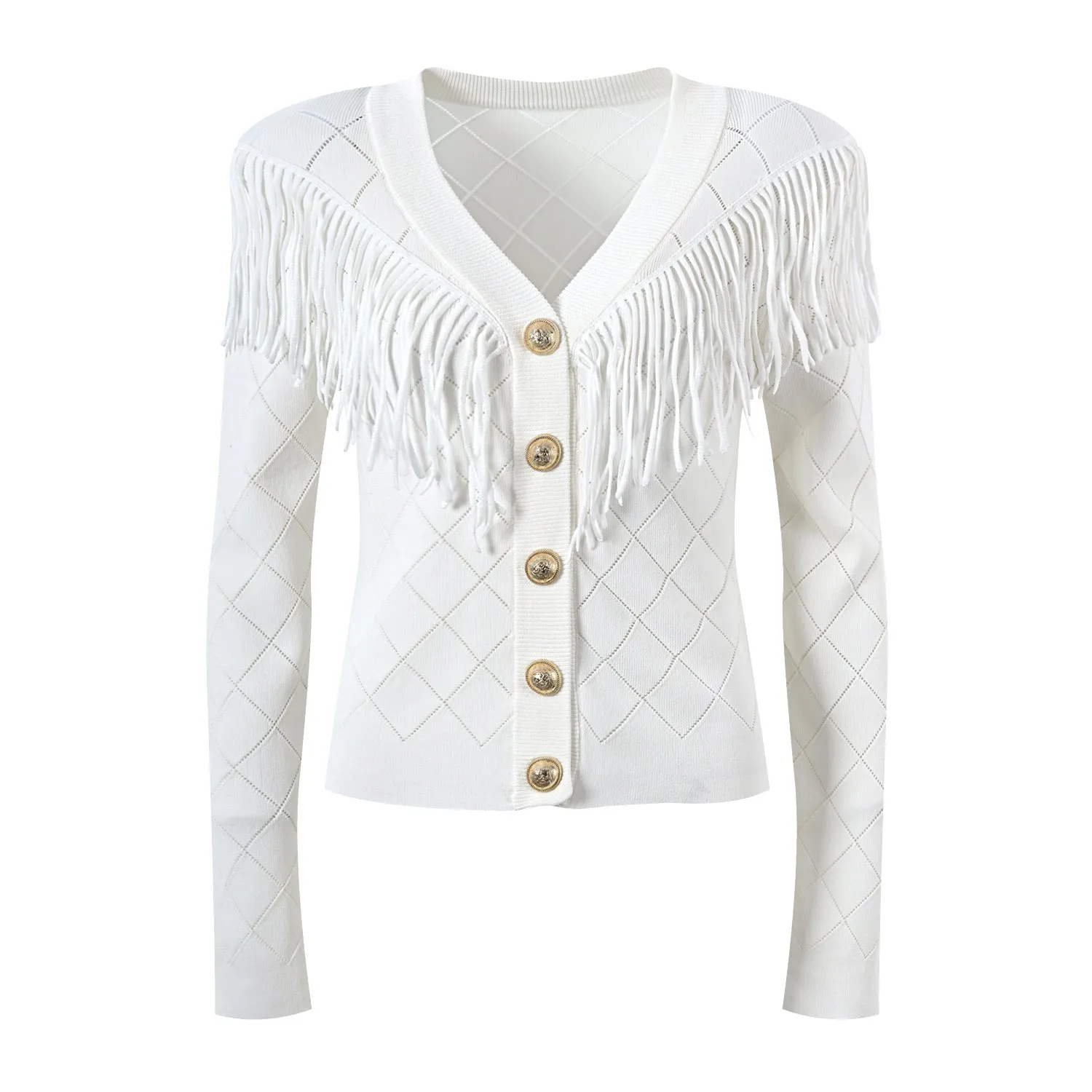 Pre Order:  Diamond Grid V-Neck Tassel Slim Fit Cardigan