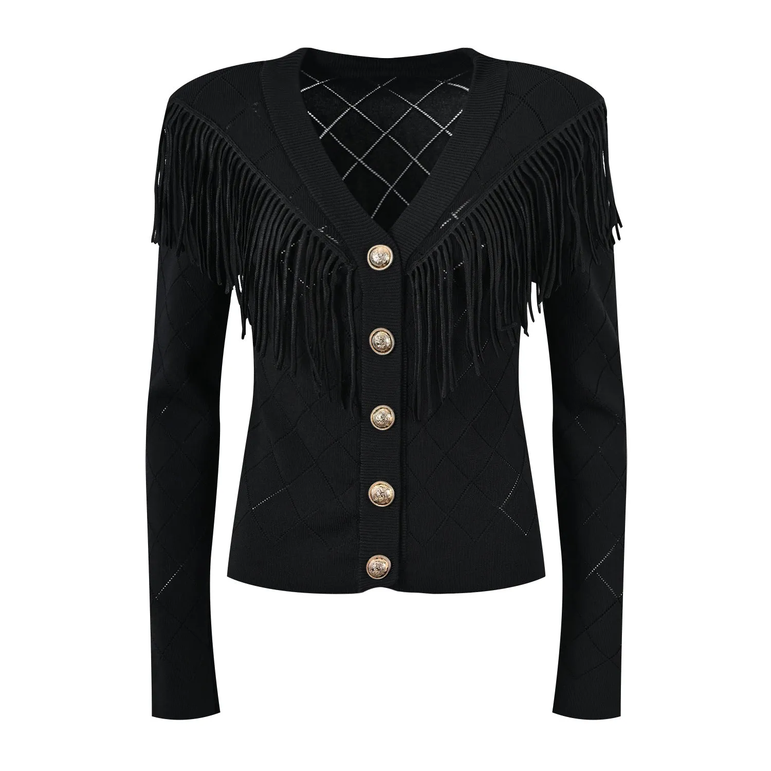 Pre Order:  Diamond Grid V-Neck Tassel Slim Fit Cardigan