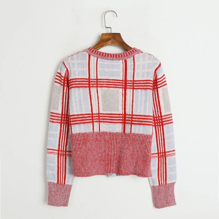 Pre Order:  Embroidered Plaid Mohair Round Neck Short Cardigan