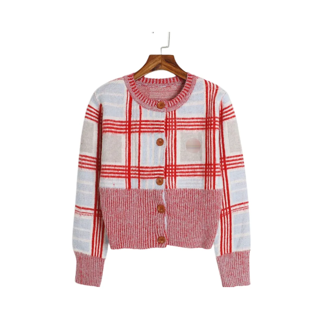 Pre Order:  Embroidered Plaid Mohair Round Neck Short Cardigan