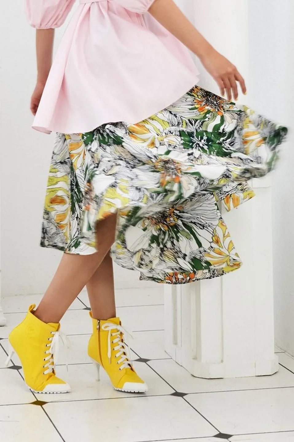 Pre-Order GREEN, BLACK AND YELLOW FLORAL PRINTED POLY SATIN - WRAP SKIRT - MULTI