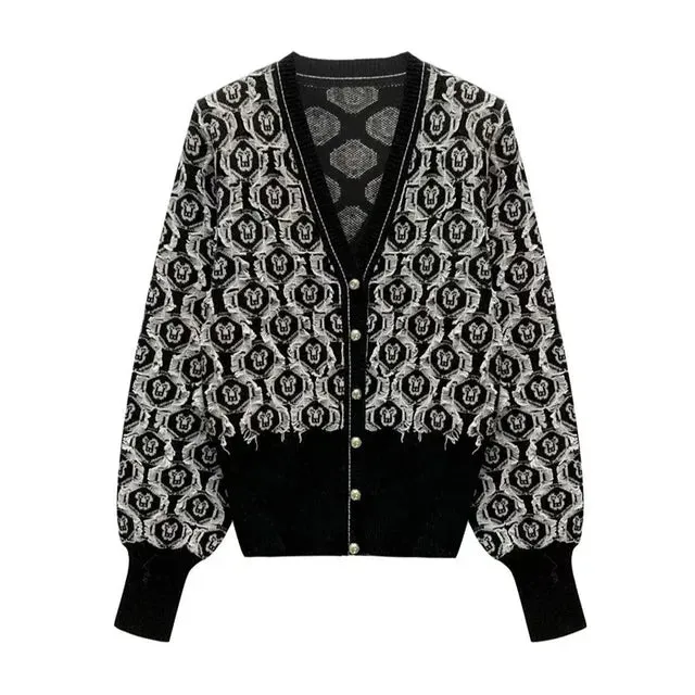 Pre Order: Vintage Jacquard Slim Fit V-Neck Long Sleeve Cardigan