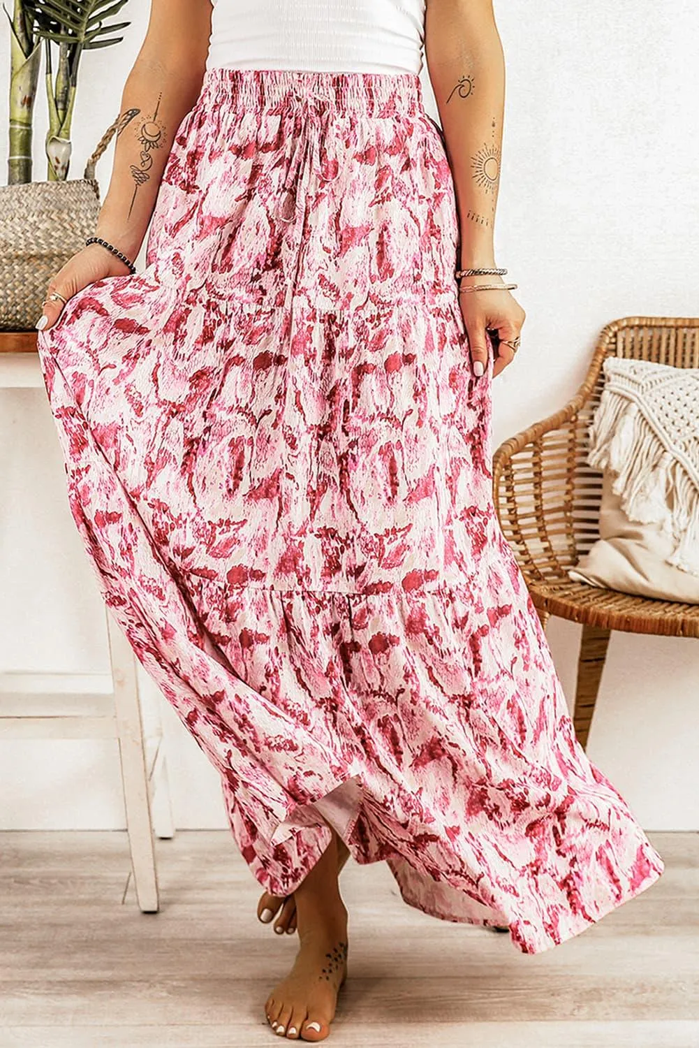 Printed Smocked Waist Maxi Skirt