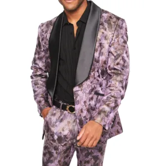 Purple & Black Snake Skin Print Tuxedo Jacket with Shawl Lapel and Matching Pant