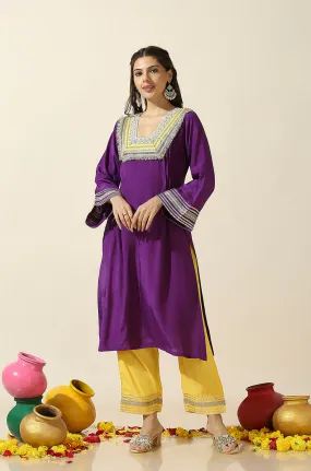 RAAS-Purple & Yellow  Glass Neckline Two Piece Set