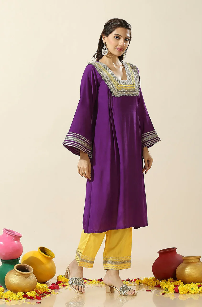 RAAS-Purple & Yellow  Glass Neckline Two Piece Set