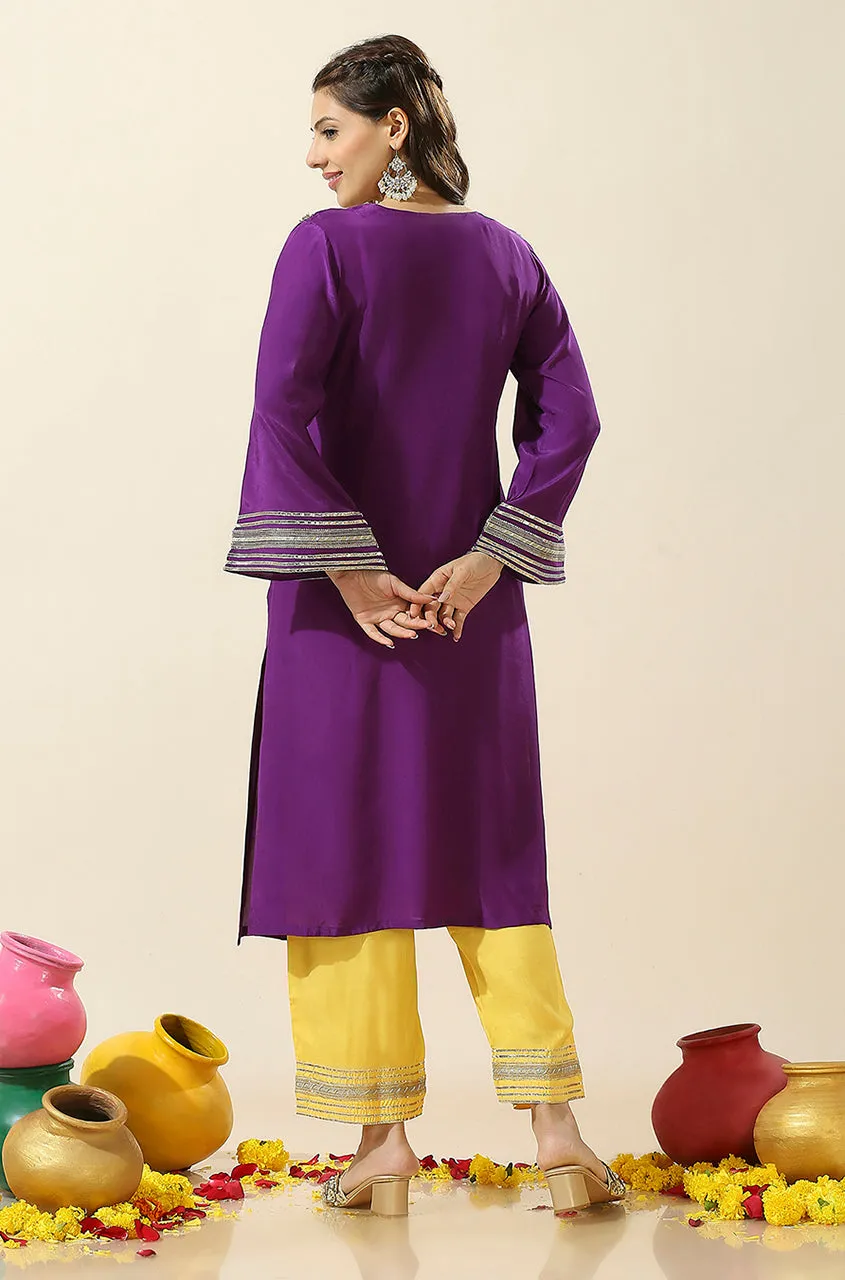 RAAS-Purple & Yellow  Glass Neckline Two Piece Set