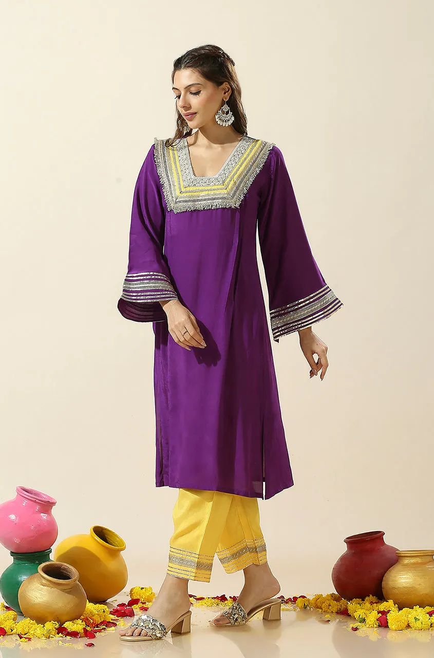 RAAS-Purple & Yellow  Glass Neckline Two Piece Set