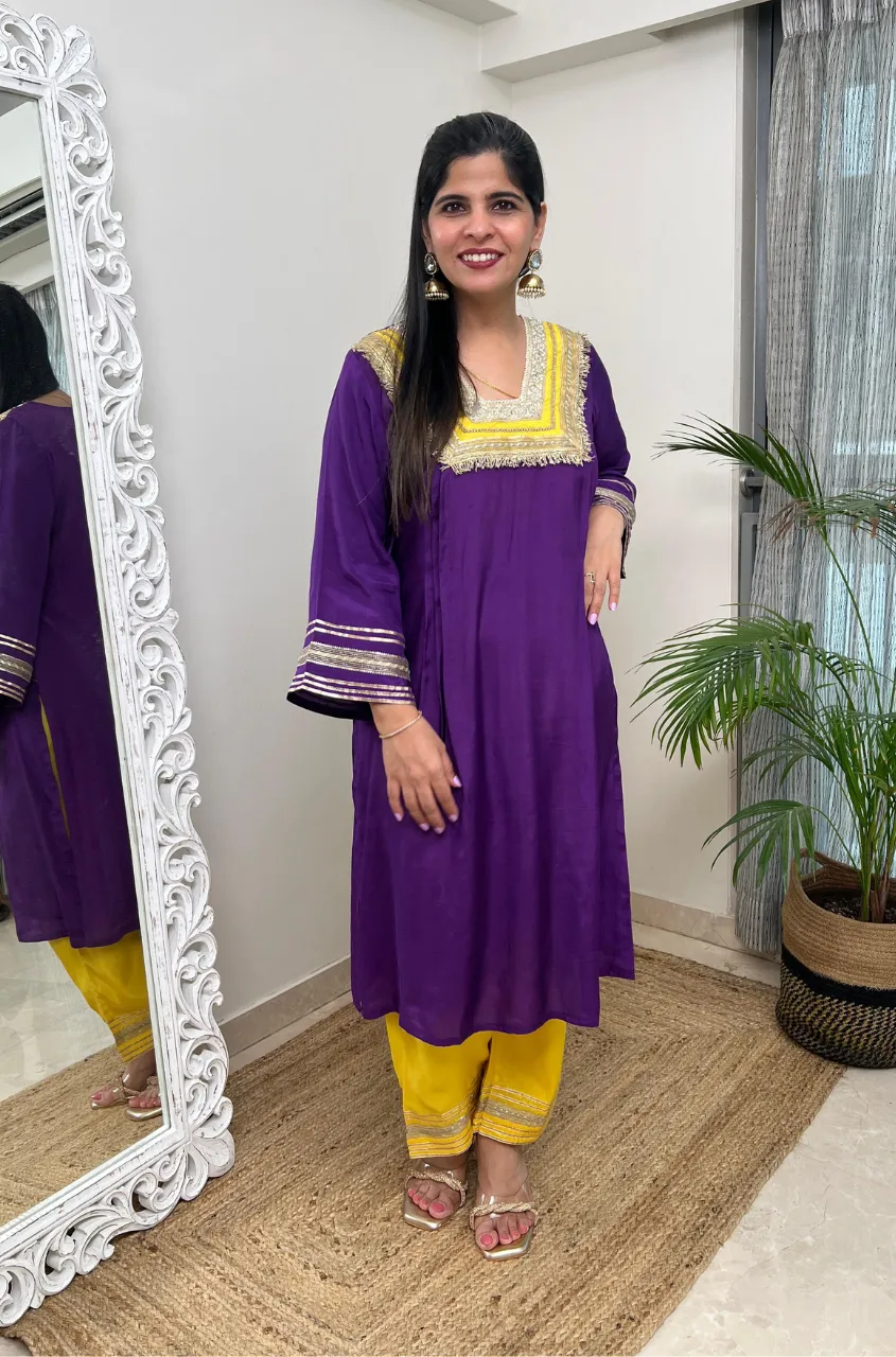 RAAS-Purple & Yellow  Glass Neckline Two Piece Set