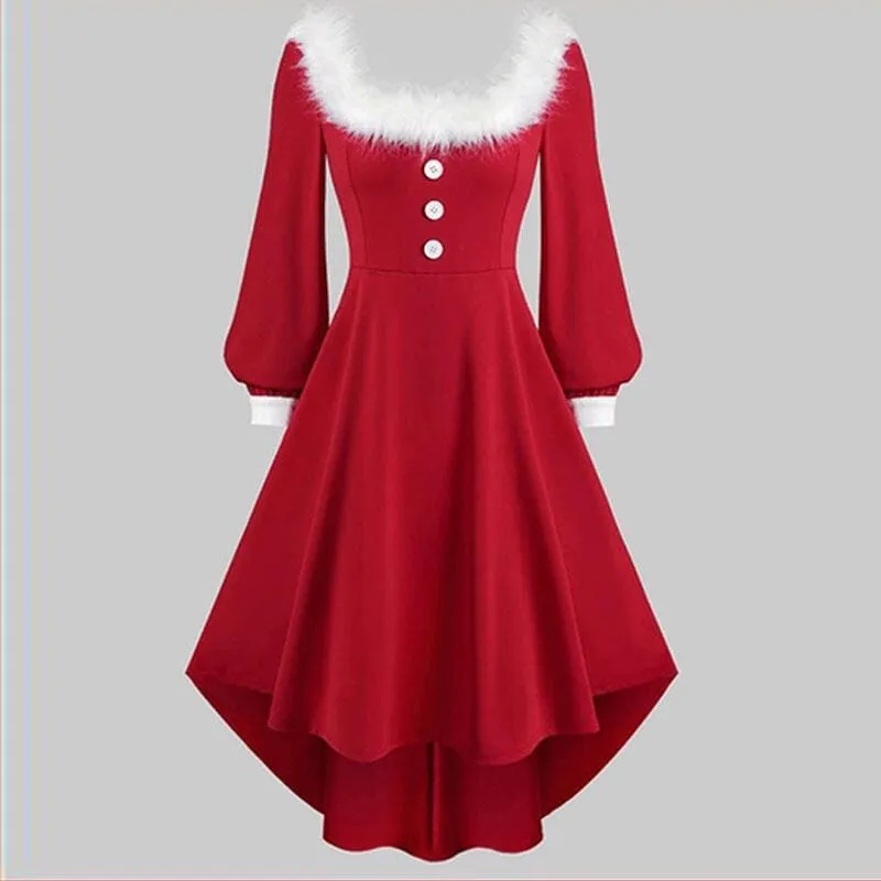 Red and White Ombre Long Sleeve Plush off Shoulder Christmas Dress