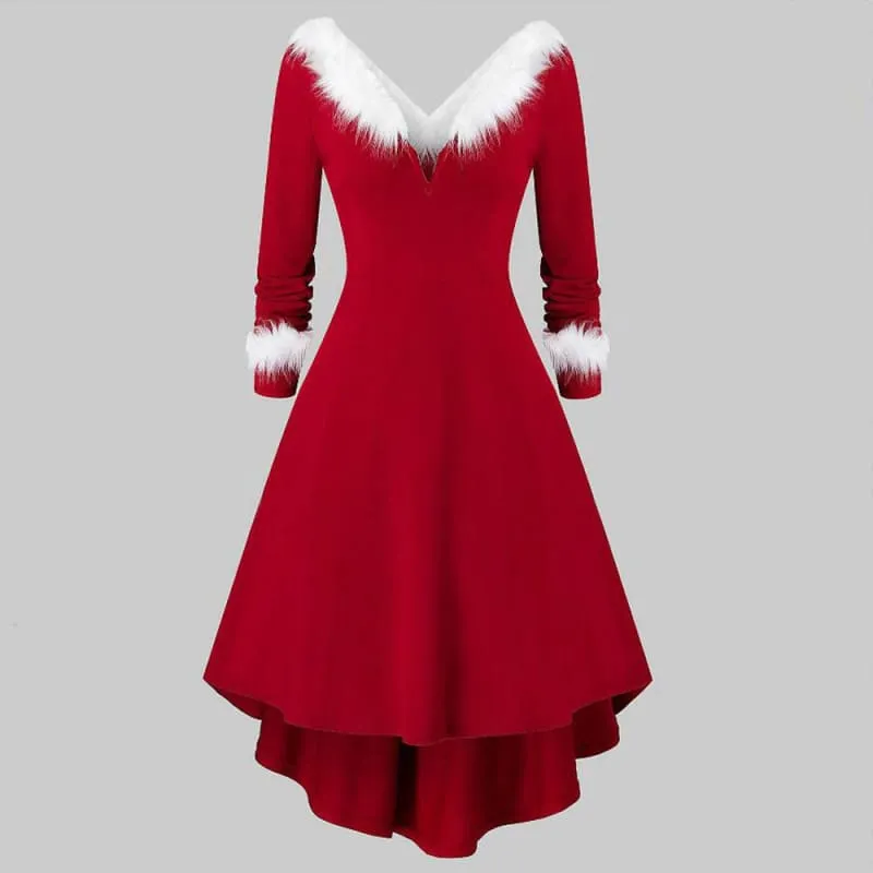 Red and White Ombre Long Sleeve Plush off Shoulder Christmas Dress