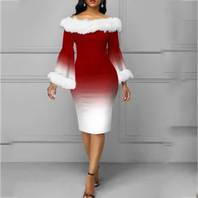 Red and White Ombre Long Sleeve Plush off Shoulder Christmas Dress