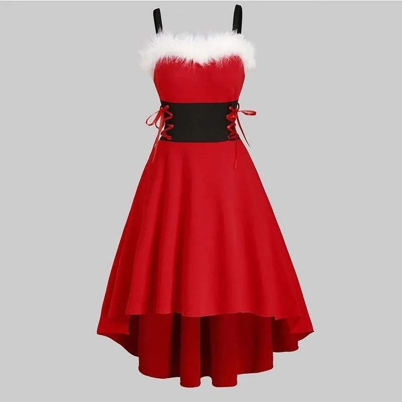 Red and White Ombre Long Sleeve Plush off Shoulder Christmas Dress