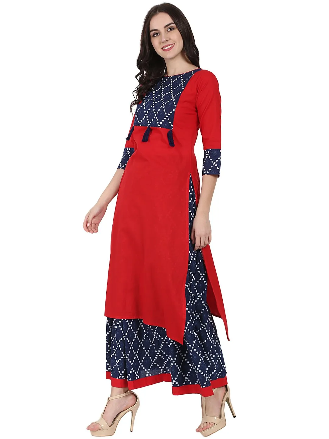 Red Printed 3/4Th Sleeve Cotton Kurta With Blue Printed Skirt