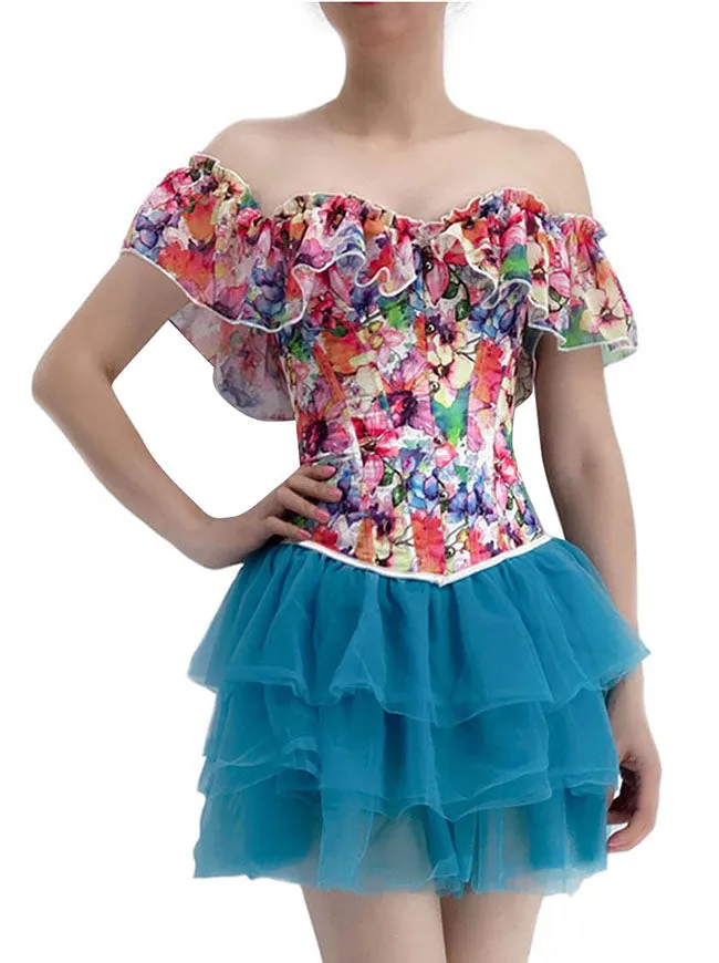 Retro Boned Floral Print Overbust Corset with Short Tutu Skirt for Women