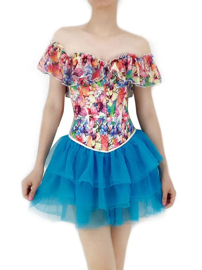 Retro Boned Floral Print Overbust Corset with Short Tutu Skirt for Women