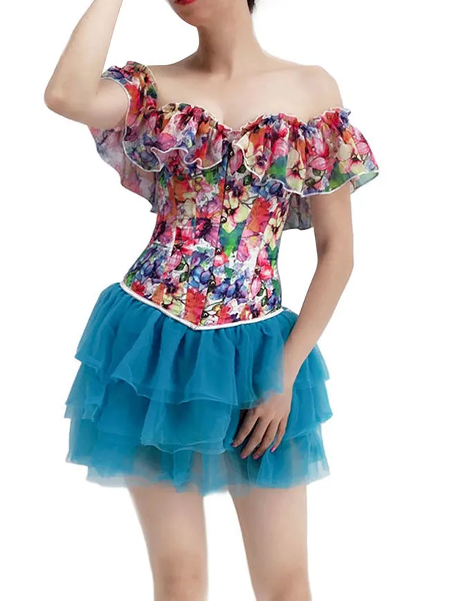 Retro Boned Floral Print Overbust Corset with Short Tutu Skirt for Women