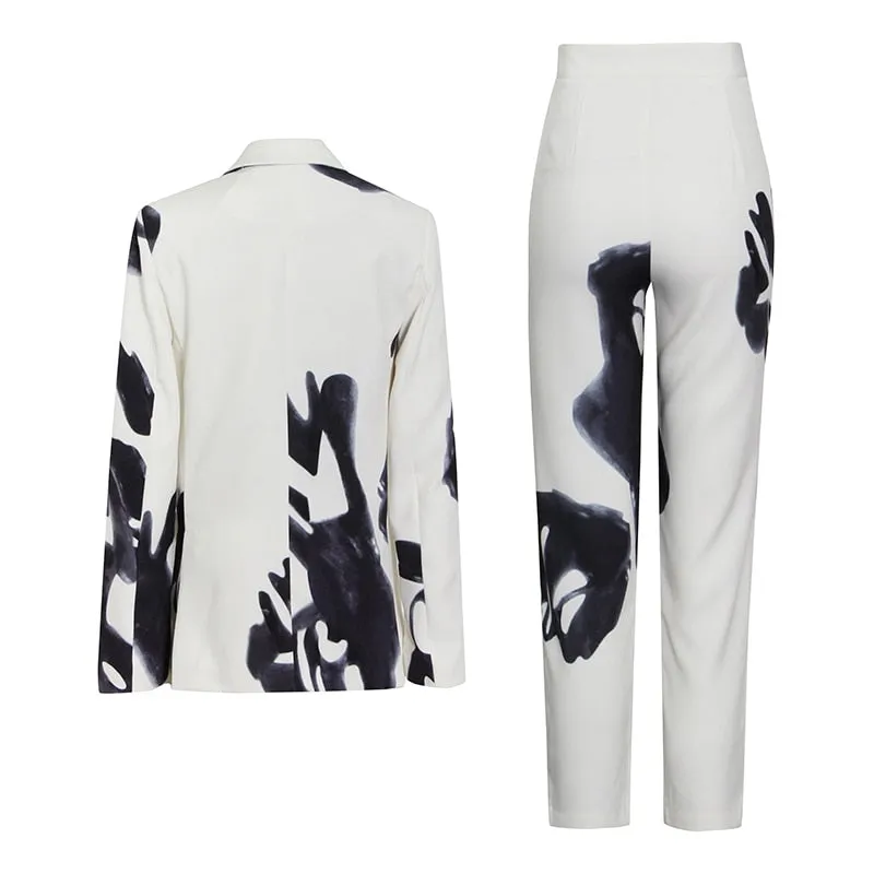 Retro Print Lapel Collar Long Sleeve Blazer and Trouser Set