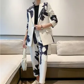 Retro Print Lapel Collar Long Sleeve Blazer and Trouser Set