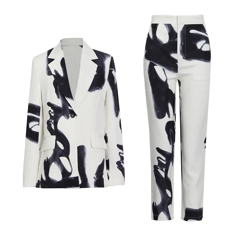 Retro Print Lapel Collar Long Sleeve Blazer and Trouser Set