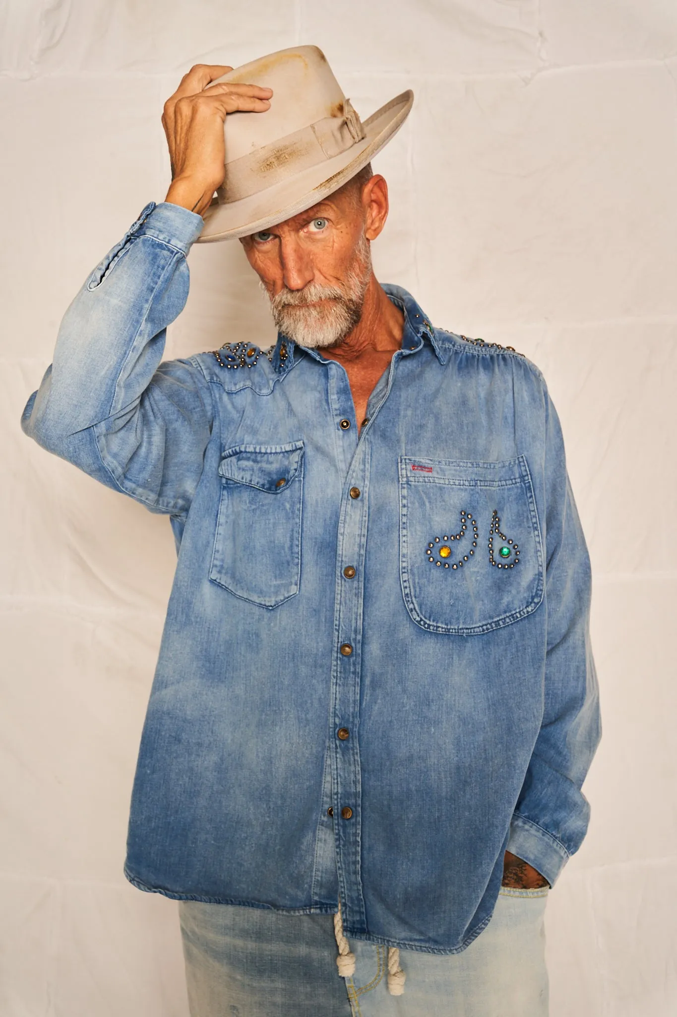 Roy Rogers Shirt Japanese Denim Sunfaded studded